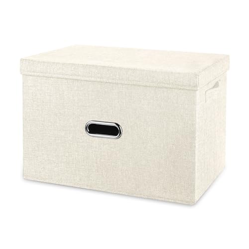 Image of Large Linen Fabric Foldable Storage Bins with Removable Lid and Handles, Washable Storage Box Organizer Containers Baskets Cube with Cover for Bedroom,Office(Cream, XXL)