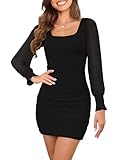 Zattcas Women's 2025 Fall Winter Sexy Elegant Slimming Mesh Long Sleeve Square Neck Mini Dress Ruched Bodycon Birthday Bridal Shower Holiday Christmas Party Dress Black XL