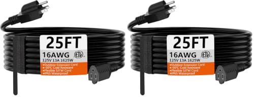 Image of HUANCHAIN Black Extension Cord 25 FT, 16 Gauge, Outdoor Electric Cable (Pack of 2)