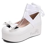  Gicoiz Gothic Mary Jane Femme Cuir Verni Bowknot Pumps Compensées Talons Moyen Femme École Bride Cheville Ballerine Bout Rond Plateforme Chaussures Blanc Taille 38 EU-39Cn