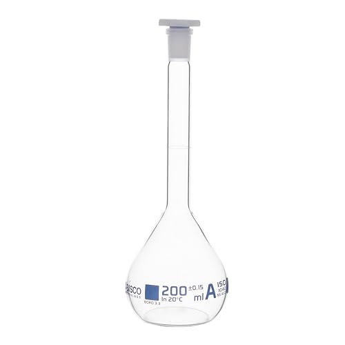 EISCO Volumetric Flask, 200ml - Class A - 14/23 Polyethylene Stopper, Borosilicate Glass - Blue Graduation, Tolerance ±0.150