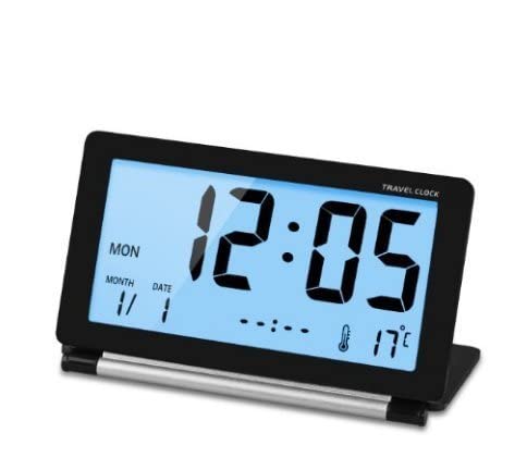 Digital Travel Alarm Clock Timer Lcd Clock With Foldable Calendar Temperature Timer Snooze Mode, Battery Operated, Portable Large Number Display Clock 12/24 H Small Desk Clock (Black) #TOP13