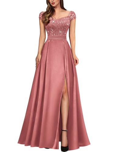 Miusol Women's Elegant V-Neck Sequin Lace Contrast Satin Split Bridesmaid Maxi Dress (XX-Large, Cinnamon Pink)