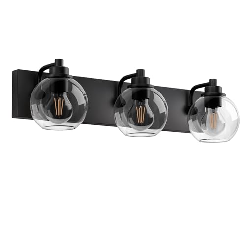 Image of Bathroom Light Fixtures-Matte Black Vanity Lights for Bathroom, Modern Black Vanity Lights 3-Light Bathrooms Lighting Fixtures Over Mirror with Clear Glass Shade