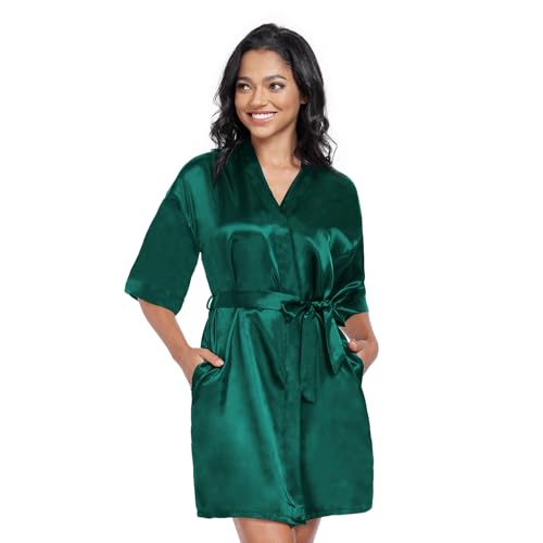 Image of Women's Short Satin Robes Lightweight Silky V-Neck Sleepwear Wedding Bridal Party Bride Bridesmaid Bathrobes