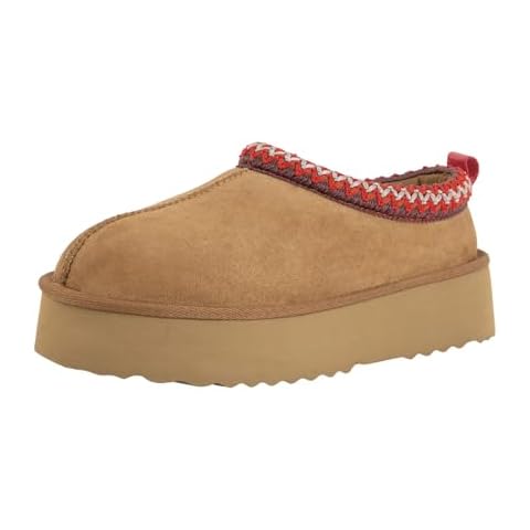 Fasheemage Platform Slippers for Women Mini Boots Genuine Suede Genuine Fur Ankle Snow Boots Braided Indoor Outdoor Slip On Mules(8.5,Brown Red) Cover