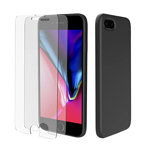 AUKASE Coque pour iPhone SE 2022,SE 2020 et iPhone 8, iphone 7 (4,7) en Silicone Liquide avec 2 Verre Trempé Protection écran (9H),Housse Etui en Silicone Noir Cover