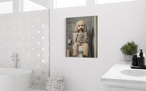 Image of Poodle White on Toilet Wall Art Print Canvas Wrapped, Dog Bathroom Humor Decor Posters Prints for Restroom Home Picture Painting Artwork Gallery 7 (Poodle White, 20L inch x 16W inch CANVAS, Wrapped Canvas)