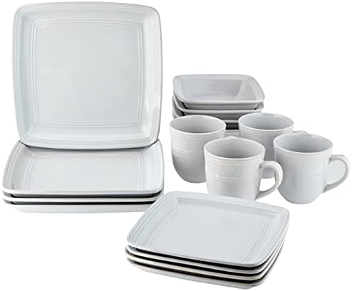 American Atelier Square Dinnerware Sets | White Kitchen Plates, Bowls, and Mugs | 16 Piece Stoneware Madelyn Collection | Dishwasher & Microwave Safe | 10.75 x 10.75 Service for 4