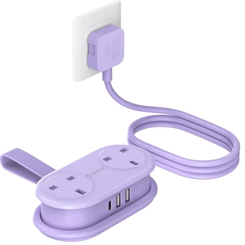ORICO Travel Extension Lead with USB Slots 2 Outlets 3 USB Ports (1 USB C) 3250W 13A Socket Extensions Rollable Extension Cord for Travel/Home/Office Essentials Cruise Approved Power Strip-Purple