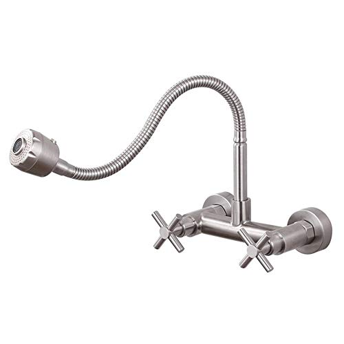 Mitigeur cuisine inox brossé mural double manette pour évier eau chaude froide