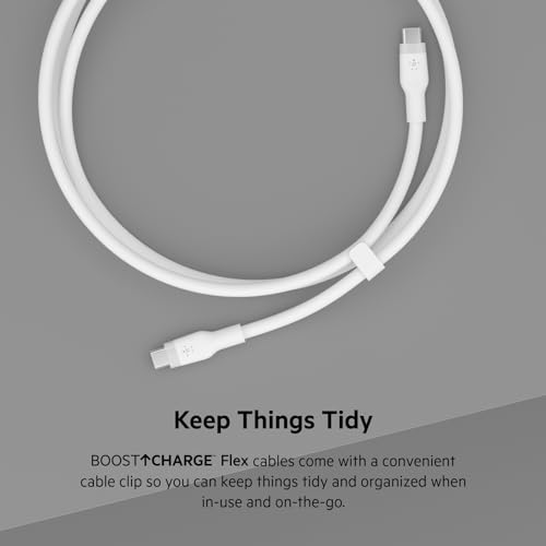 Image of Belkin BoostCharge Flex Silicone USB-C to USB-C Charging Cable (2M /6.6FT) for iPhone 16, iPhone 16 Pro, Galaxy S25, S24, Pixel 9 & 8, Nintendo Switch 2 & More with Cable Clip - Black & White (2-Pack)