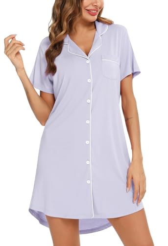 Image of Samring Pajama Nightgown for Women Short Sleeve Button Down Boyfriend Night Gown Nightdress Sleep Shirts