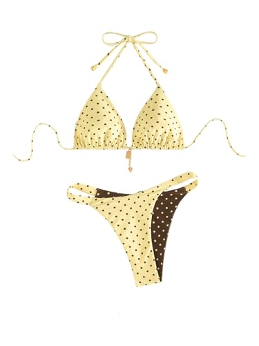 SOLY HUX Womens Polka Dots Bikini Set Halter Triangle String Thong Reversible Summer Beach Two Piece Swimsuit Multicolor Medium