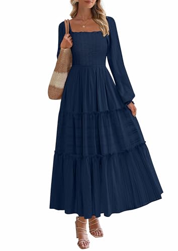 PRETTYGARDEN Fall Dresses for Women 2025 Casual Long Sleeve Smocked Ruffle Flowy Elegant Wedding Guest Maxi Dress Pockets