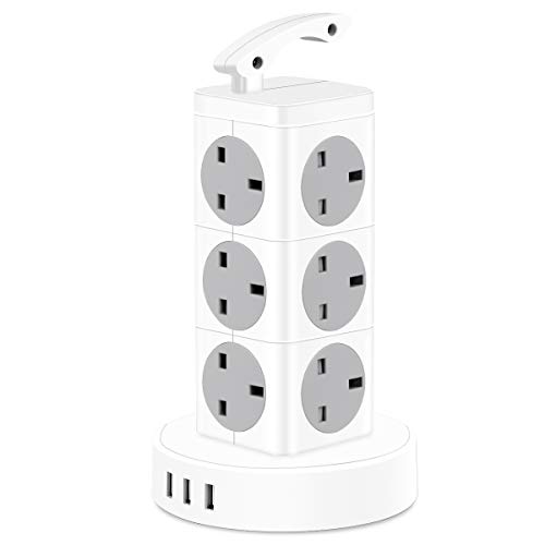 Tower Extension Lead, BEVA 13amp 12-Socket Surge Protector Multi Plug Power Strip Switched Charging Station with 3 USB Charger, 2M Cord for Home, Office