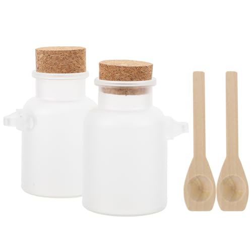 LOORGVEL 2 piezas Botellas Recargables para Sal de Baño Envases Portátiles de Abs con Tapa de Corcho y Cuchara de Madera Frascos Vacíos para Polvo Facial y Talco Almacenamiento Práctico