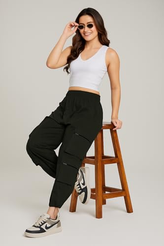 Image of ADDYVERO Elastic Cotton Solid Non-Stretchable Regular Fit Full Length Women six Pockets Cargo Pant (Dark Green, 32)