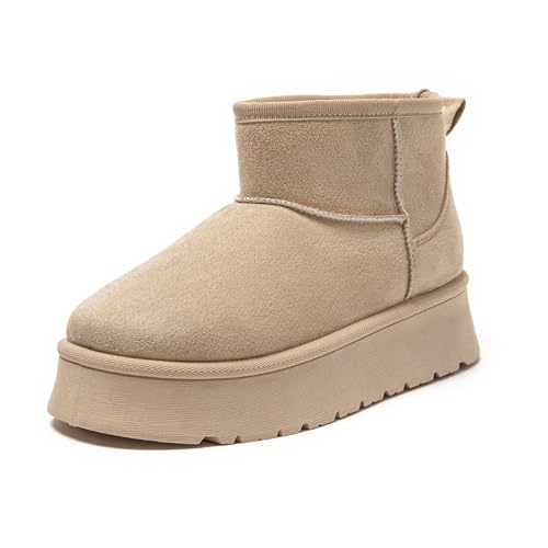 JOMIX Botas Mujer Invierno Calientes con Plataforma Botas Nieve Mujer Clásicas Botas Bajas Mujer Comodas de Piel Sintética con Peluche MD9767, Beige, 39 EU