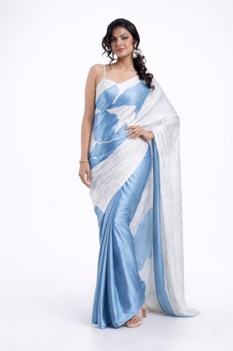 Image of Japan Satin Floral Print Saree for Women with Blouse Piece - Satin Finish Draped Saree