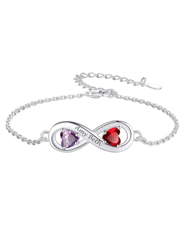 Custom4U Personalized 925 Sterling Silver Infinity Endless Love Symbol Charm Birthstone Bracelets for Women Adjustable Bracelet Mother's Day Christmas Gift for Her Wife Mom