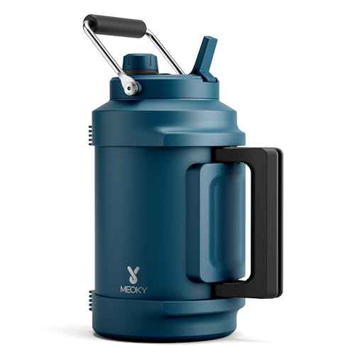 Image of 1 Gallon Insulated Water Bottle for Sports: Meoky 128 oz Triple Wall Vacuum Stainless Steel Water Jug - Top and Side Handles, Cold for 48 Hrs, 2-in-1 Straw and Spout Lid, Leak Proof for Hiking (Denim)