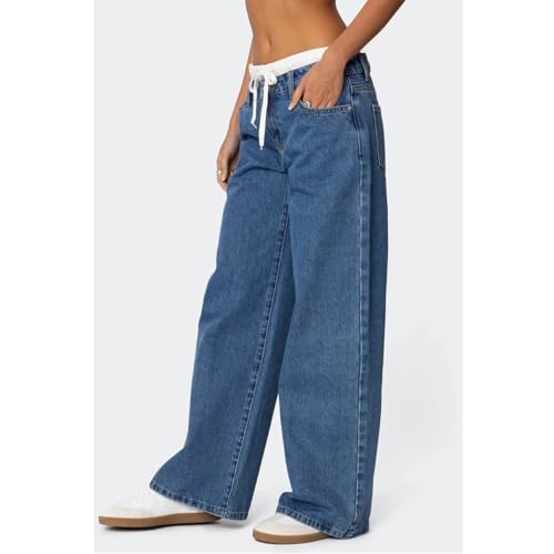 Mxiqqpltky High Waisted Jeans for Women Y2K Color Block Patchwork Drawstring Wide Leg Denim Pants Vintage Boyfriends Pants2
