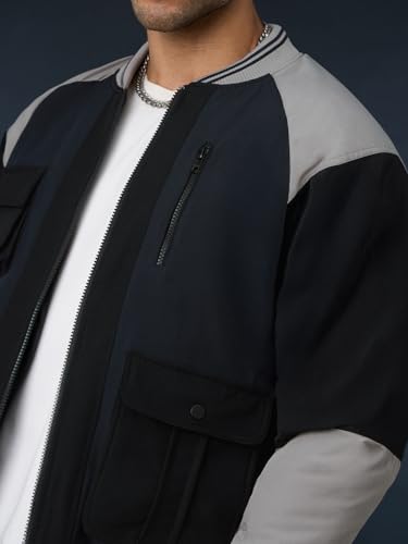 Image of The Souled Store Midnight Edge: Men and Boys Full Sleeves Spread Collar Black and Grey Solid Polyester Regular Fit Lightweight Utility Pockets Bomber Jacket