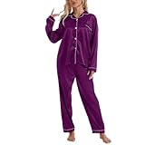 Pyjama Femme Satin à Manches Longue Silk Pyjama Set en Soie Boutonné pour Femme Loungewear Ensemble de Pyjama 2 Pièces Chemise de Nuit Vêtements