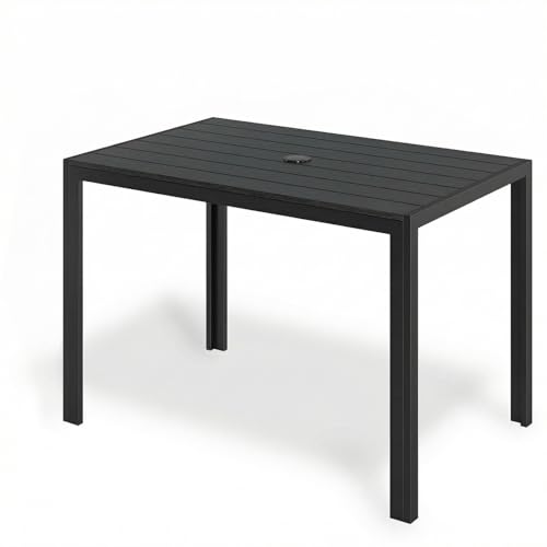 Image of Clevich Garden Dining Table with Parasol Hole 110×70cmx73cm, Weatherproof Outdoor Table with WPC Slatted Tabletop, Aluminum Frame, Rectangular Table for Balcony/Backyard/Terrace (Seats 6, Black)