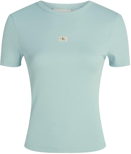 Calvin Klein Damen T-Shirt Kurzarm Woven Label Rib Tee Slim Fit, Türkis (Cloud Blue), XXL – Ansicht 5