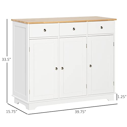 Homcom Modern Sideboard With Rubberwood Top, Buffet Cabinet With Storage Cabinets, Drawers And Adjustable Shelves For Living Room, Kitchen, White #TOP2