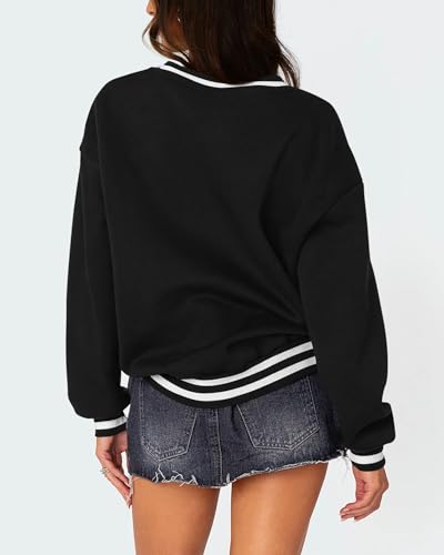 Prettygarden QL046 Women'S Oversized Sweatshirts Casual Long Sleeve Stripes Knit V Neck Pullover Top Fall Teens Preppy Clothes thumb #1