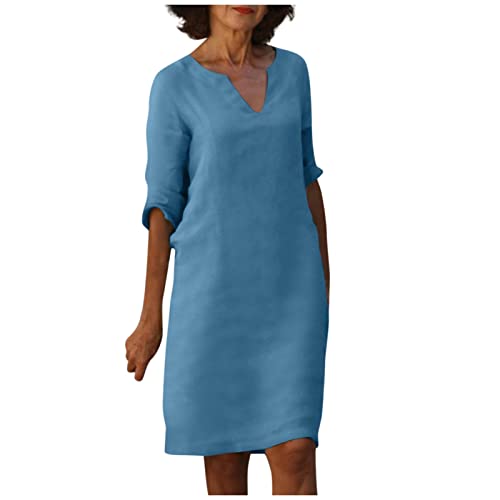 Azruma Abendkleider Elegant FüR Hochzeit Taufkleider MäDchen Brautkleider Leinenkleid Damen Sommer V-Ausschnitt Halbe ÄRmel Einfarbig Knielang...