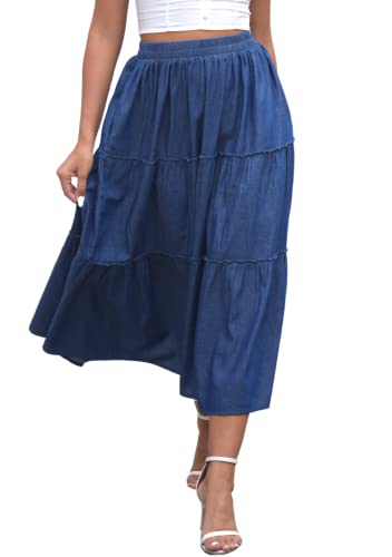 DREFBUFY Women's Mae Pleated Flowy Cxi Skirt Denim Tiered Elastic Waist Rufflasual Long Skirts with Pockets for Summer