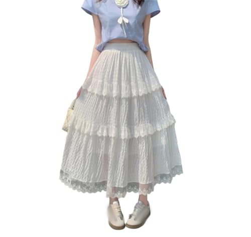 Women Lace Flower Spliced Skirts Elastic High Waist Fairy Skirt Summer Thin Beach Midi Skirts