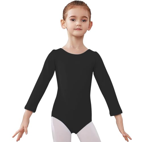 Consejos para Comprar Ropa de Gimnasia - solo los mejores. 42 Leotardo Body para Niña Manga Larga Algodón sin Costuras Libre Movimiento ideal para Ballet, Gimnasia, Danza y Uso Diario (Negro, 5-7 Años)