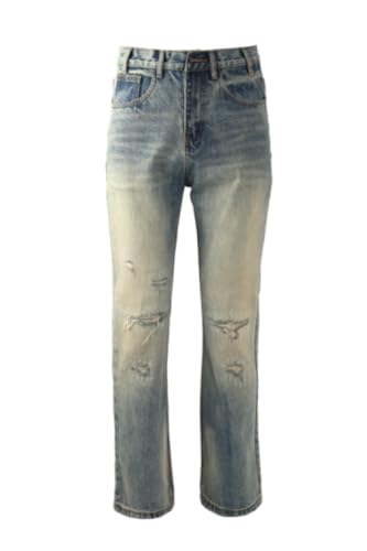 Men's Casual Washed Ripped Straight Leg Jeans for Distressed Stretchy Commuting Versatile Jeans Blue