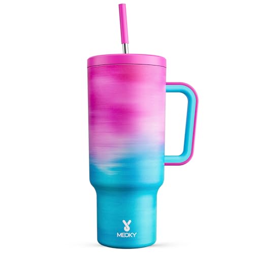Meoky Taza térmica de 1182 ml con pajita y mango, doble pared, de acero inoxidable, 100% a prueba de fugas, para bebidas frías y calientes (degradado de azul a rosa)