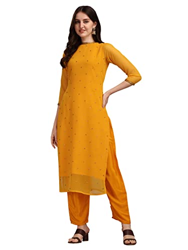 Image of Hritika Women Yellow Solid Seqiun Embroidered Faux Georgette Readymade Salwar Suit Set [S Size] (HRKB0070YELW S)