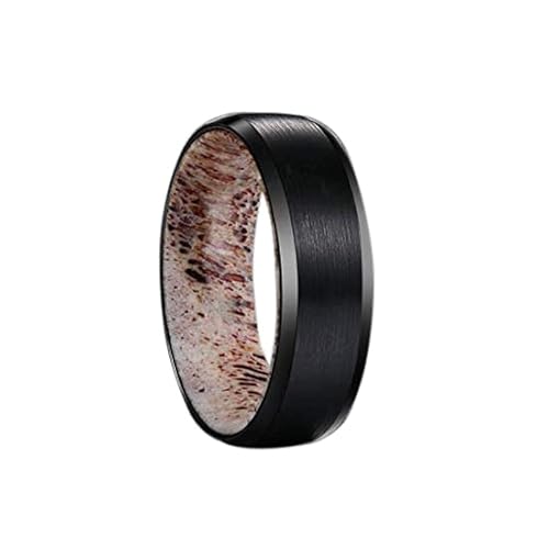 Black Deer Antler Wedding Rings for Men with Beveled Edges Rustic Tungsten Ring 8mm Comfort Fit Nature Wedding Bands with Antler Inlay