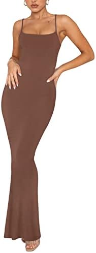 REORIA Women's Sexy Casual Lounge Slip Long Dress Elegant Wedding Guest Sleeveless Backless Ribbed Bodycon Maxi Dresses Coffee X-Small