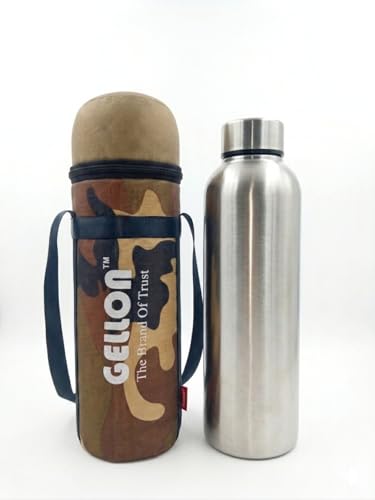 Image of Gellon Zip Bottle Cover In Teflon Coating Polyester Cloth For 750 ML, 1 L to 1.5 Litre Water Proof Drawstring Closer For Travel, Hiking, Office & School Kids In Military 1 Pattern