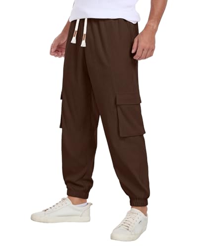 Askdeer Mens Corduroy Joggers Pants Casual Cargo Pants Drawstring Elastic Waist Baggy Tapered Sweatpants with 5 Pockets Camel