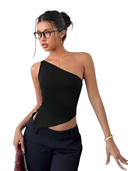 TIVANTE Solid Women's & Girl's Asymmetric One Shoulder Side Slit Crop Top for Women Sleeveless Top for Women-picture-32