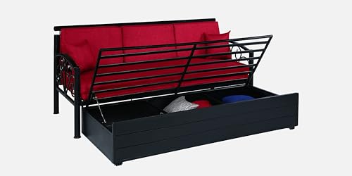 Image of 3 Seater Metal Sofa Cum Bed with Hydraulic Storage | Sofa Set for Living Room, Bedroom, Guest Room| Single Size Convertible Sofa Bed | Comfortable Seating Sofa Red & Black