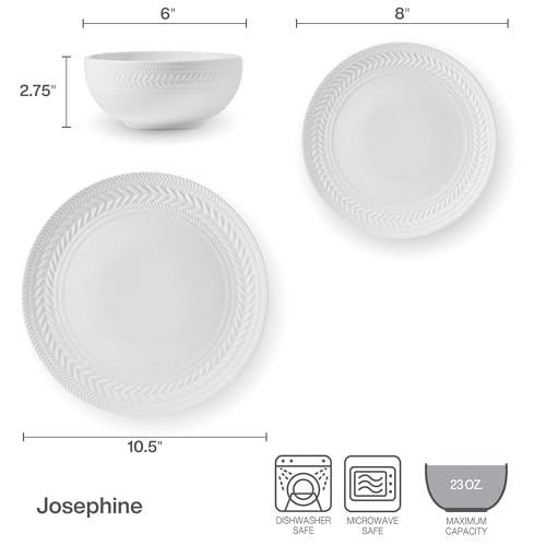 Image of Pfaltzgraff Josephine 24-Piece Dinnerware Set, Porcelain Dish Set with Embossed Basket Weave Design, Service for 8, White Plates and Bowls Sets, Microwave and Dishwasher Safe