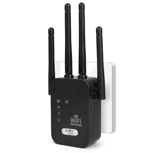 AOOSU Repetidor WiFi, AC1200 Amplificador Señal WiFi, Repetidor de Doble Banda 5 GHz y 2.4 GHz con 4 Antenas externas, Extensor Wi-Fi Cobertura más de 250 Metros para La Oficina, Hogar Negro