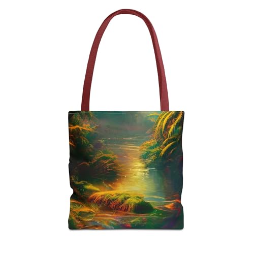 JujuVibe “Psychedelic River” Tote Bag – All-Over Tropical Stream Print, Spun Polyester Shoulder Bag, 13