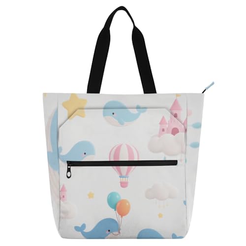 Sac fourre-tout baleine bleue mignon en toile avec fermeture éclair pour l'école et la plage